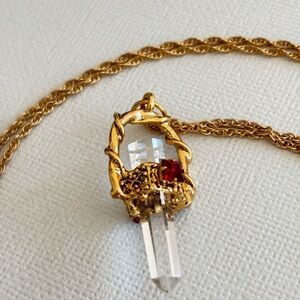 Quartz Crystal with Red Stones Gold Tone Pendant & Necklace